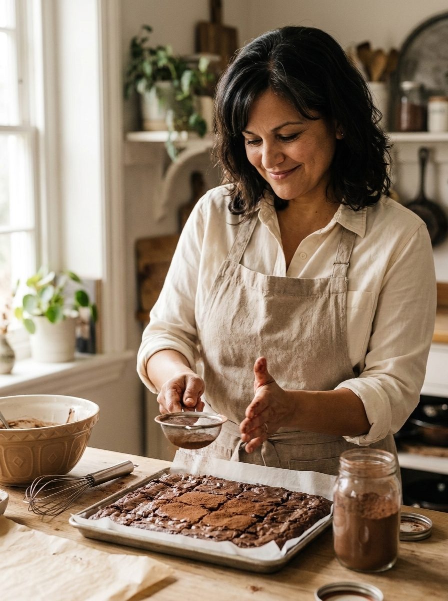 Natasha dusting cocoa powder over a tray of fudgy brownies